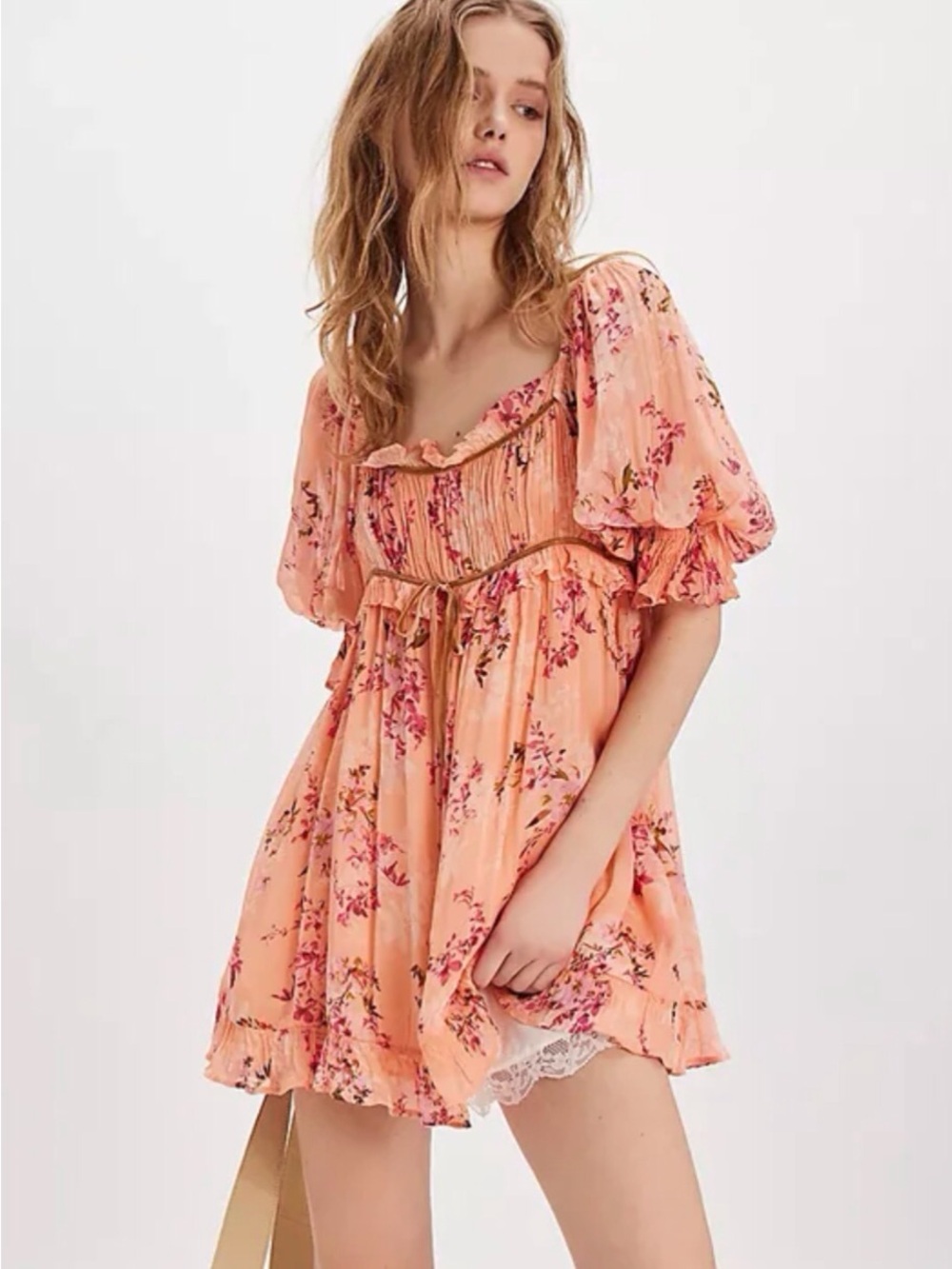 Free People Peach Floral Babydoll Mini Dress with Puff Sleeves